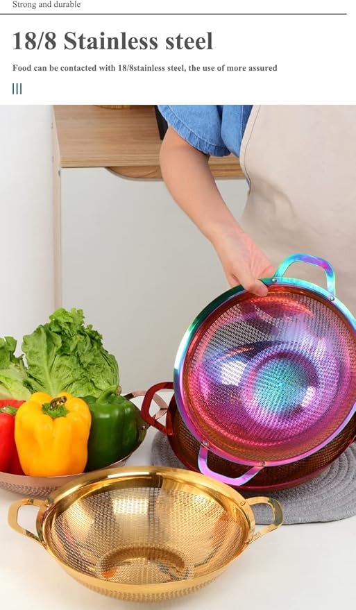 Stainless Steel Colander With Handle and Legs Drain Basket for Pasta, Spaghetti, Berry, Veggies, Fruits, Noodles, Salads, Fruit Colander Strainer Metal Rice Sieve Kitchen Utensils-Red