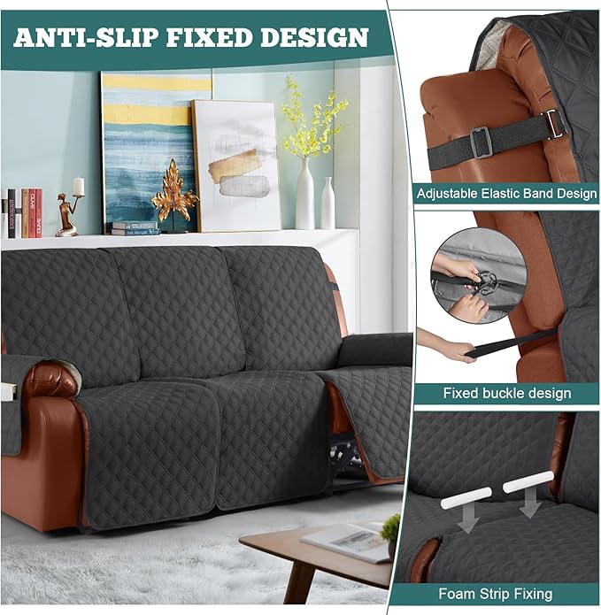 Ruaozz Waterproof Recliner Sofa Covers, 1-Piece Couch Covers for Reclining Couches Reclining Couch Cover Washable Furniture Protector with Elastic Straps Pocket for Kids Pets (Charcoal Grey, 3 Seater)