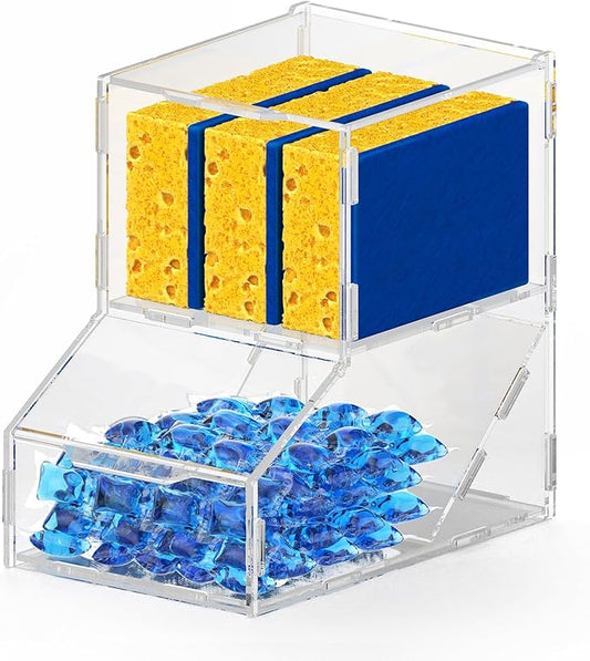 Acrylic Laundry Pods Organizer with 2 Lids - Multi-Purpose Dispenser for Dishwasher Pods, Detergent Powder, Dryer Balls & Snacks | Wall Mount or Desktop Storage