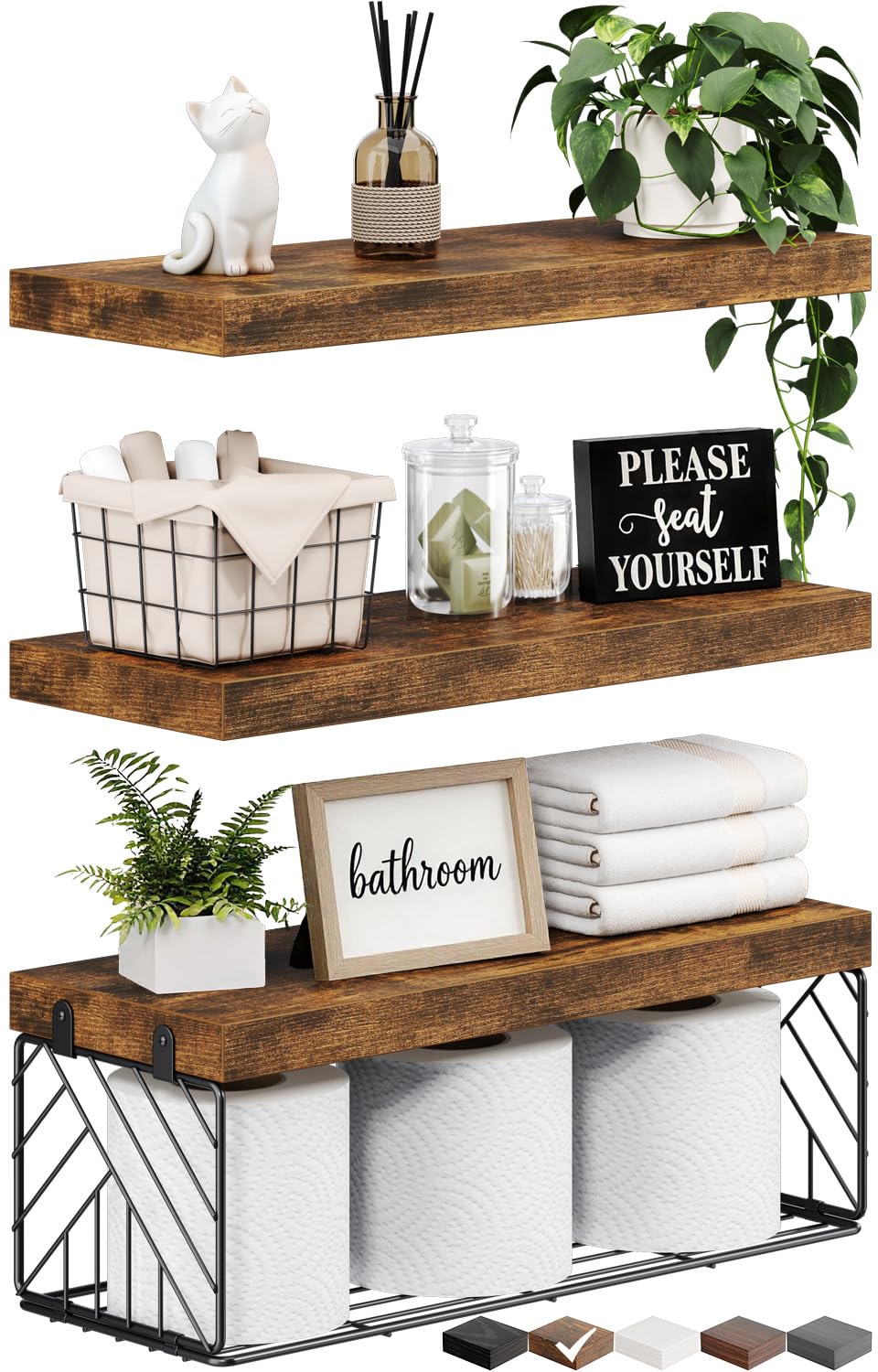 BAYKA Rustic Brown Floating Bathroom Shelves, 15.7in - Image 1