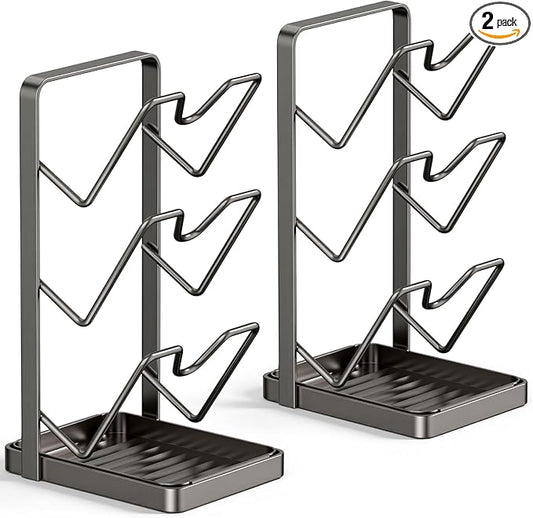 2 Pack Pot Lid Organizer Rack 6-Tier Pot Lid Holder While Cooking Carbon Steel Kitchen Cover Storage Rack Multifunctional Stand for Countertop Stove Top Cabinet Shelf Spoon