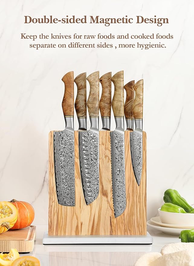 HEZHEN Double-sided Magnetic Knife Holder without Knives, Olive Wood Knife Block for Kitchen Counter, Space-saving Knife Storage, Strong Enhanced Magnets Strip, Non-slip Marble Base