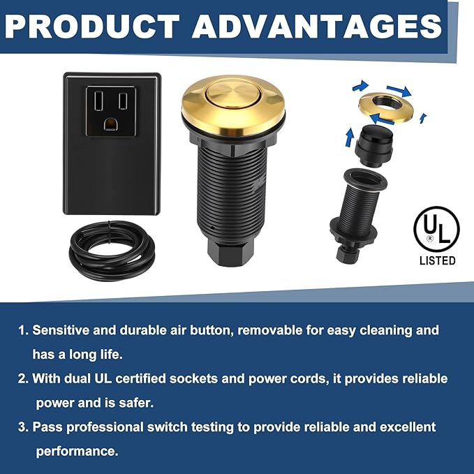 Garbage Disposal Air Switch Kit Wireless Sink Top Garbage Disposal Button Stainless Steel/On/Off Waterproof Button Kit with Long Switch Matte UL Listed(Single Outlet,Gold,Short Size)
