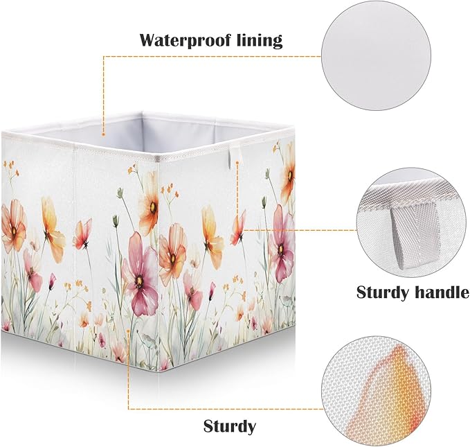 Bolaz Flowers on White Background Closet Organizers Storage Cubes Storage Bins Shelf Baskets Containers for Home Room Office,Square