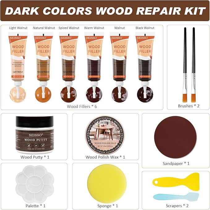 Wood Furniture Repair Kit, 6 Colors Wood Filler Hardwood Laminate Vinyl Floor Repair Kit, with Wood Putty, Wood Polish Wax for Hole, Scratch, Crack, Stain (Walnut Wood 15Pcs)