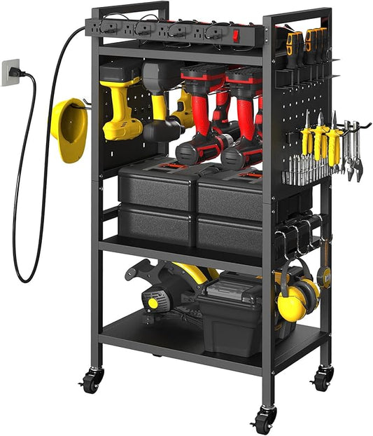 Power Tool Organizer Cart with Charging Station, 4-Tier Rolling Tool Cart for Garage Storage,Heavy-Duty Floor-Standing Storage Rack with 8-Outlet Power Strip,Supports 500 lbs