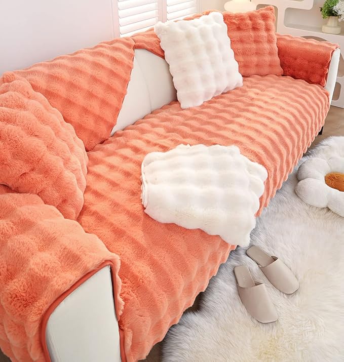 Soft Warm Faux Fur Couch Sofa Cover Thick Shaggy Fuzzy Sectional Couch Cover Non-Slip Solid Color Plush Sofa Slipcover Furniture Protector for Kids, Pets (Light Orange,28"x59")