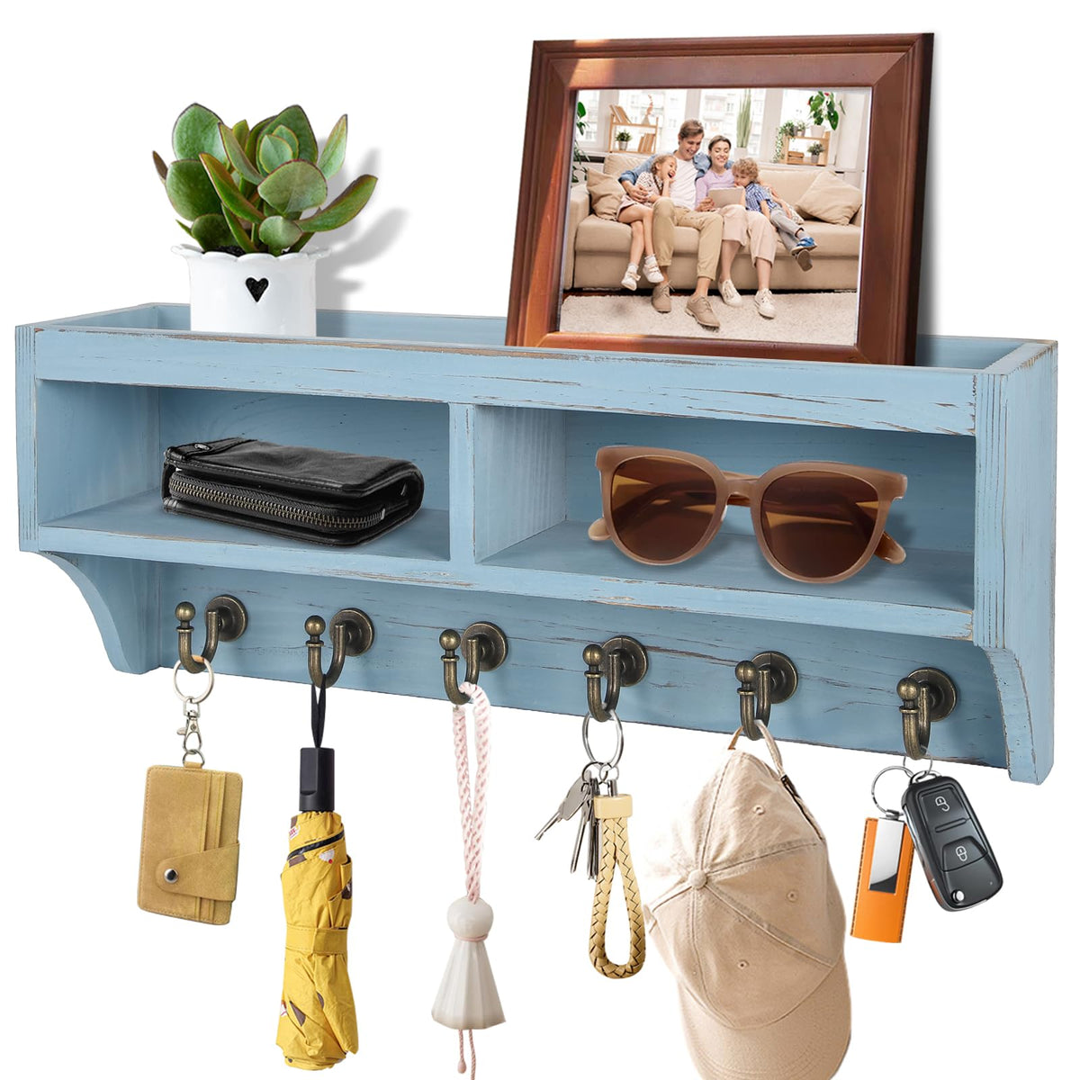 Key Holder Wall Mount with Mail Organizer, 6 Hooks & Shelf, Blue - Image 1