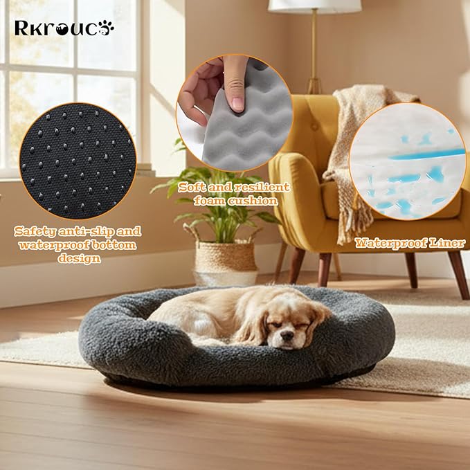 Fluffy Dog Bed Calming Donut Beds for Large Dogs Warming Round Small Medium Pet Nest Cozy Cat Mattress Indoor Washable Puppy Kennel Kittens Sleep Mat (L, 35.4×35.4 inch, Dark Gray)