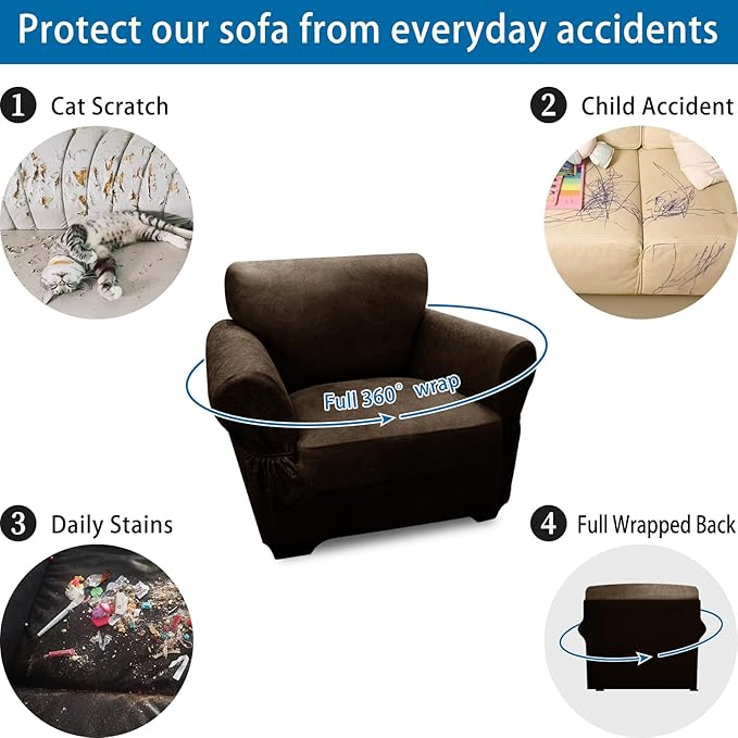 Single Sofa Cover Leather Look Chair Covers for Living Room 1-Piece Sofa Chair Covers with Arms Stretch Furniture Protector with Elastic Bottom & Pockets(Armchair, Coffee)