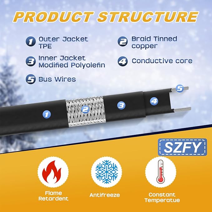 3FT~200FT Heat Tape for Water Pipes, -40°F Deicing Cable,Pipe Heat Cables for Roof,Gutter，Farm，Freeze Protetion Heating Wires, Heated Water Hose,Plumbing Fixtures,120V 5W/FT (15FT)