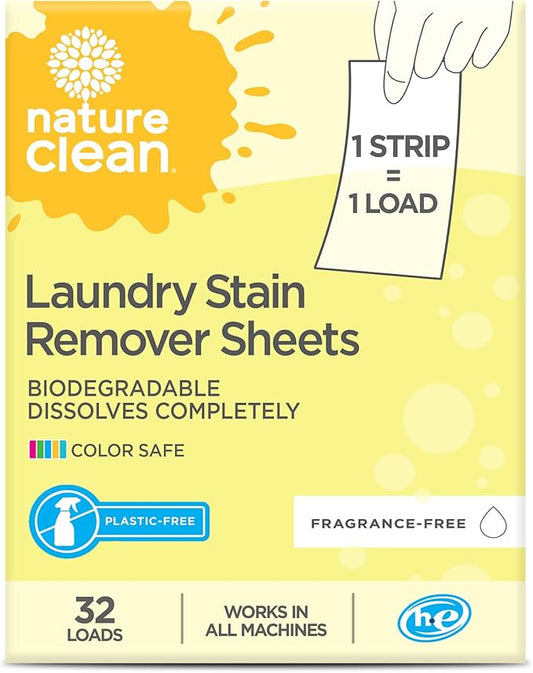 Nature Clean Natural Stain Remover for Clothes Laundry Strips Unscented 32 Count, Non-Toxic Advanced Stain Remover Treater Laundry Sheets, Plastic-Free Travel Stain Remover for Fabric Eco-Friendly