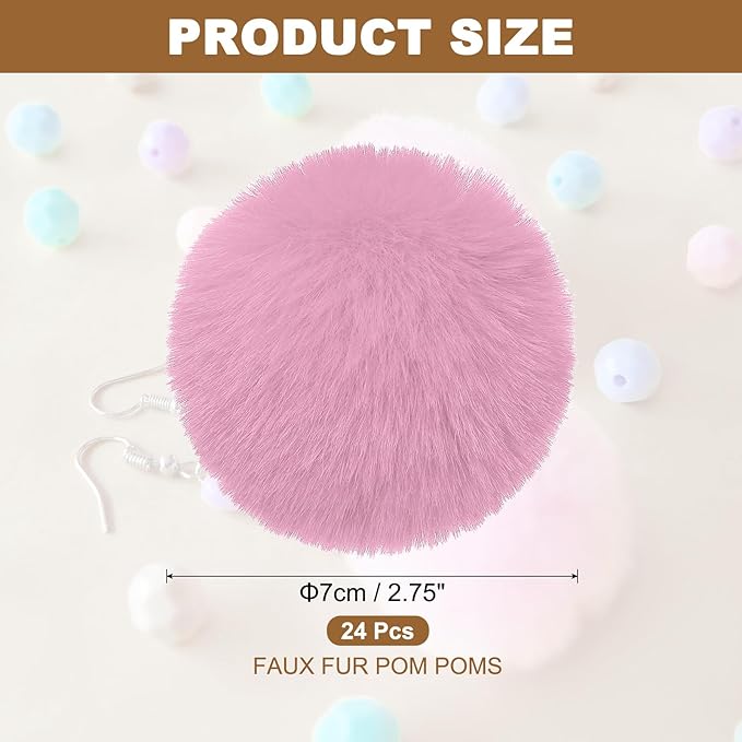 PATIKIL Faux Fur Pom Poms for Hats, 24 Pcs Fluffy Soft Fur Poms Balls with Elastic Loop for Keychain Knitting Hats DIY Scarves Gloves Bag Christmas, Dark Pink
