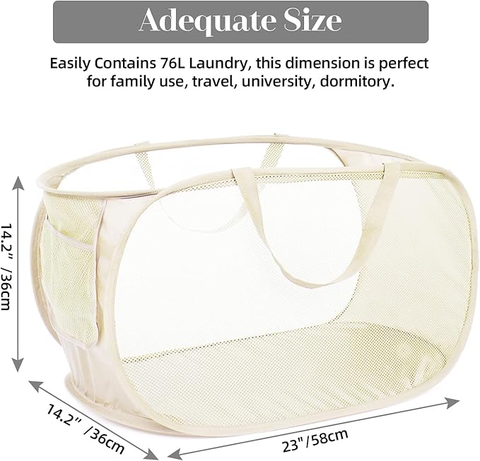 Durable Collapsible Laundry Baskets, Mesh Pop Up Laundry Hamper with Side Pocket, Foldable Clothes Storage Hamper with Reinforced Carry Handles for Laundry, Bathroom, Kids Room, Dorm or Travel Beige