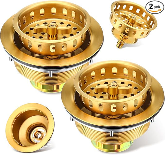 2 Pcs Kitchen Sink Drain Strainer 3-1/2 Inch Gold Stainless Steel Drainer Assembly with T Shaped Strainer Basket and Stopper for Standard 3.5 Inch Sink Drain Hole
