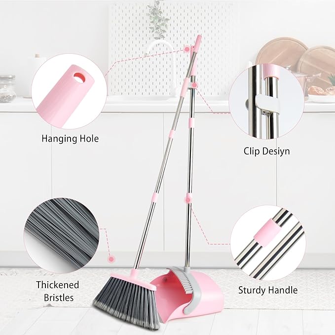 Broom and Dustpan Combo Set (Pink Gray)+24-Count Dishwasher Cleaner Tablets, Deep Cleaning and Descaling Formula, Removes Odors, Scale, and Hard Water Residue, Maintains Dishwasher