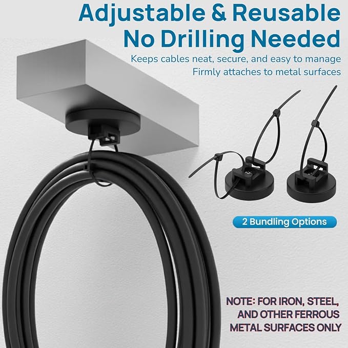 Magnetic Cable Ties Set, 25 Magnetic Zip Tie Mounts with 200 Cable Ties, Strong Wire Holder Cables Management, Multipurpose Electrical Cord Management Cord Holders Organizer (31mm)