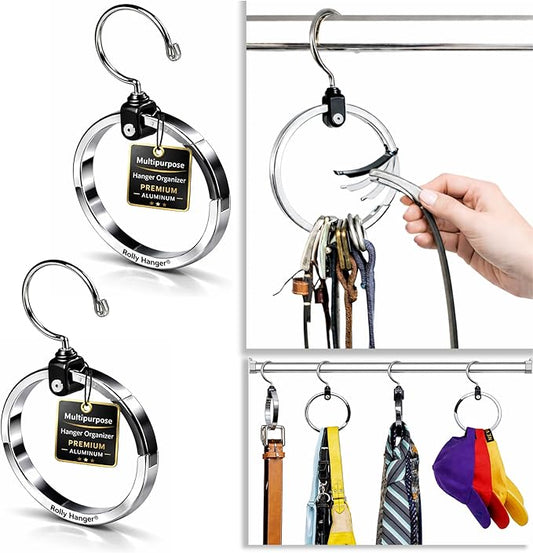 Rolly Hanger® Closet Space Saver – Premium Rotating Aluminum Organizer for Belts, Ties, Hats & Handbags – Heavy Duty 360° Swivel – Declutter & Maximize Storage (2 Pack)