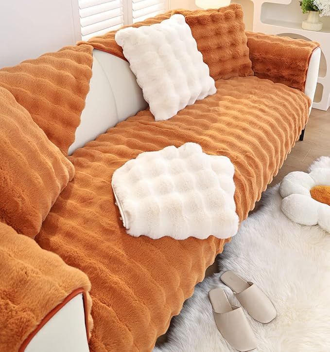 Soft Warm Faux Fur Couch Sofa Cover Thick Shaggy Fuzzy Sectional Couch Cover Non-Slip Solid Color Plush Sofa Slipcover Furniture Protector for Kids, Pets (Dark Orange,28"x28")