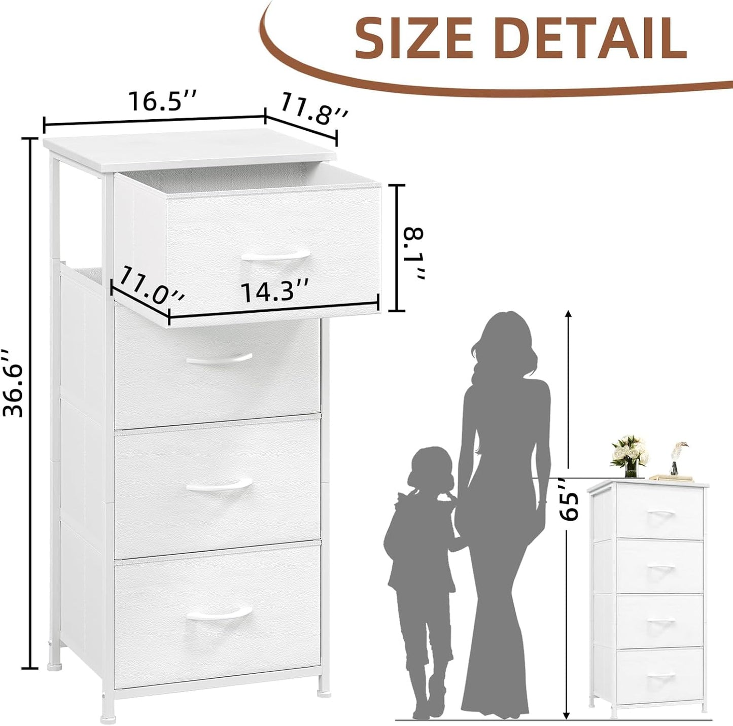 Somdot Dresser for Bedroom, 4 Drawer Storage Cabinet, White | Tall Nightstand Fabric Dresser with Removable Bins, Steel Frame and MDF Wood Top, Closet, Nursery, Dorm or Entryway Storage
