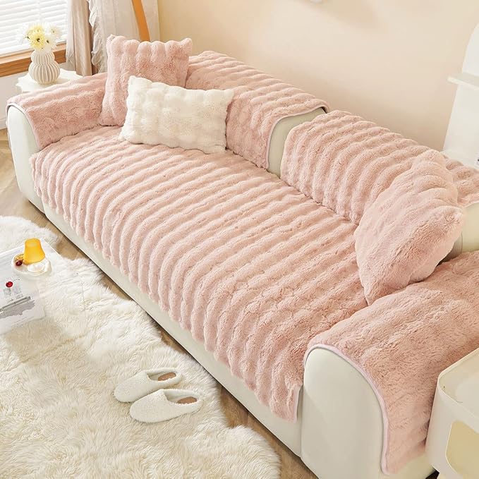 Soft Warm Faux Fur Couch Sofa Cover Thick Shaggy Fuzzy Sectional Couch Cover Non-Slip Solid Color Plush Sofa Slipcover Furniture Protector for Kids, Pets (Pink,36"x94")