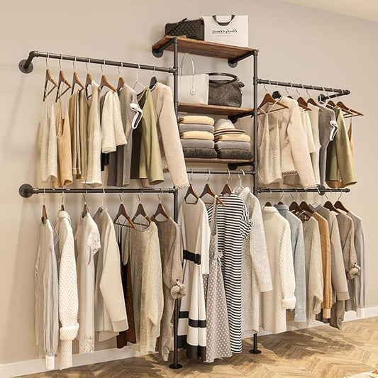 Industrial Pipe Clothing Rack - Heavy Duty Wall Mounted Clothes Rack, Corner Closet System, DIY Wardrobe Organizer with Shelves, Walk in Closet Storage (BLACK, 94.5")