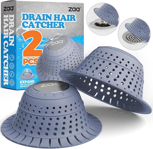 zaa Bathtub Drain Hair Catcher, Premium Silicone Collapsible 2 Pack Drain Protector for Pop-Up & Regular Drains of Shower, Bathtub, Tub, Bathroom, Sink, Blue