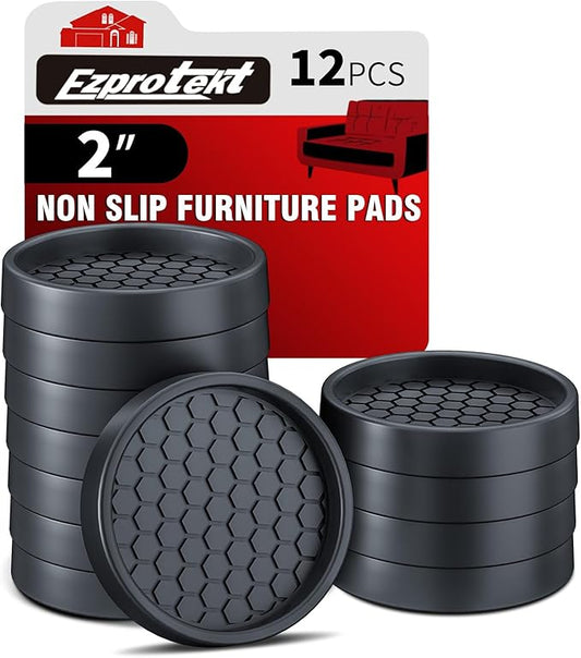 Ezprotekt Non Slip Furniture Pads, 12 Pcs 2" Anti Skid Rubber Furniture Caster Cups, Anti-Slip Furniture Coasters for Hardwood Floors, Anti Slide Floor Protectors for Bed Couch Stoppers (Black)