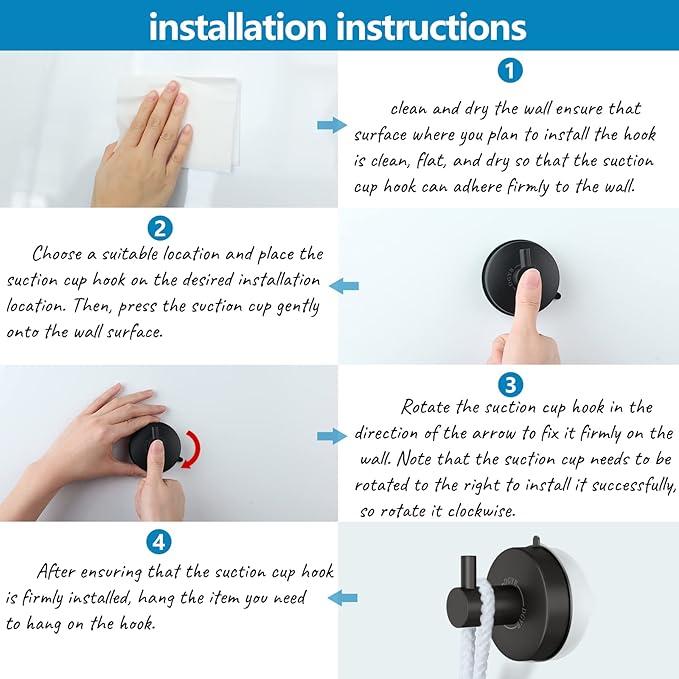 DGYB Suction Cup Hooks for Shower Black Bathroom Hooks Suction Set of 2 Removable Wall Hook for Hanging Towels, Robe, Loofah, Coats