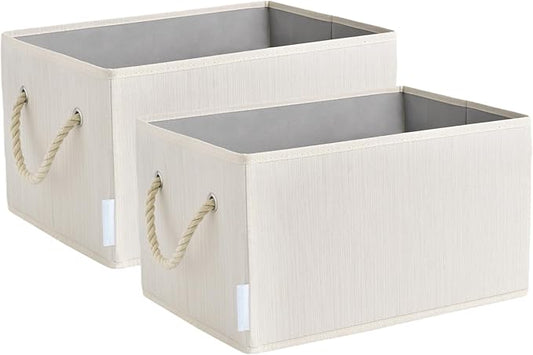 Pack of 2 Storage Bins Closet Organizer System, Sturdy Foldable Storage Boxes for Organizing Clothing, Books - Shelf Organizer Shelves Basket Storage Bin with Handles, Ivory White