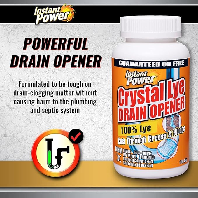 Instant Power Crystal Lye Drain Opener, Lye Sodium Hydroxide, Unclogs Bathroom and Kitchen Sinks, Drains, Shower Pipes 1 Lb