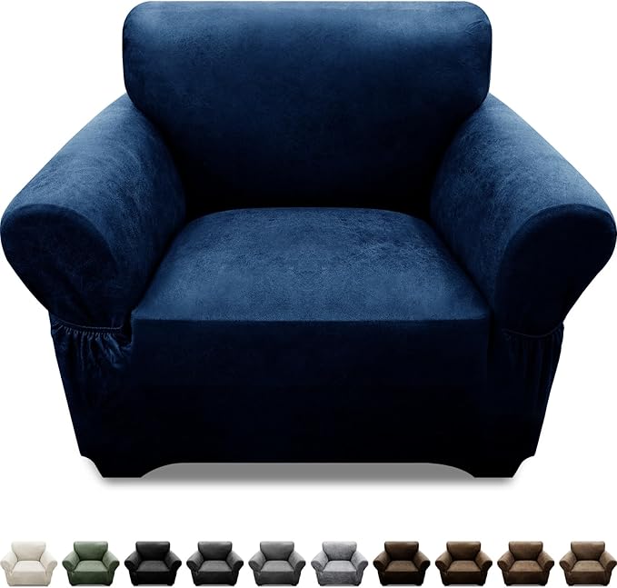 Single Sofa Cover Leather Look Chair Covers for Living Room 1-Piece Sofa Chair Covers with Arms Stretch Furniture Protector with Elastic Bottom & Pockets(Armchair, Navy)