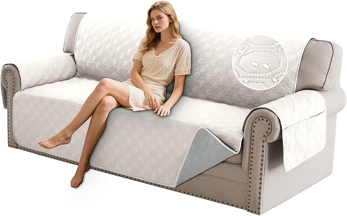 PrinceDeco Waterproof Couch Cover for 3 Cushion Sofa Diamond Quilted Pattern Couch Sofa Cover for Dogs Furniture Protector Cover with Elastic Straps for Pet Cat (Sofa,Beige)