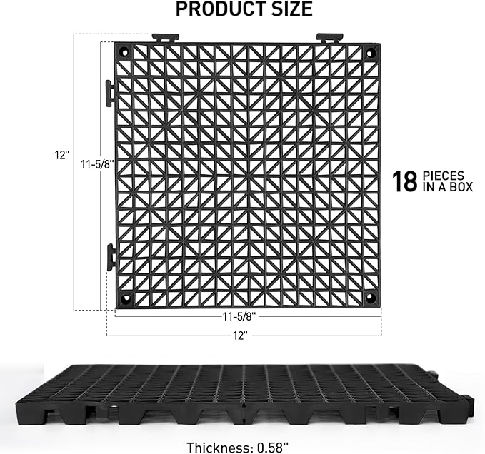 MAXWAVE 18 Pack 12" x 12" Modular Interlocking Floor Mats, Soft PVC Non-Slip Drainage Tiles, Splicing Rubber Cushion Flooring for Deck, Shower, Pool, Basement, Shed, Indoor and Outdoor Use
