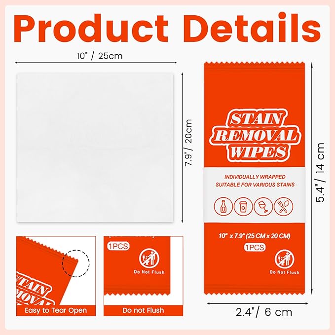 Stain Remover Wet Wipes Bulk, Individual Wrapped Stain Remover for Clothes Portable Travel Messy Eater Stain Removal Wipes Pocket Size for Clothing Fabric, Shoes, Wine, Fast Food (10 x 7.9 inch) (50)
