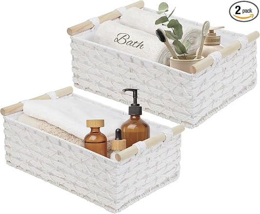 DECOMOMO White Wicker Baskets, Back of Toilet Basket, Bathroom Basket Organizer, Countertop, Home Decor (White, Set of 2)