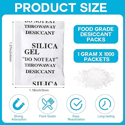 1000 Pcs 1 Gram Silica Gel Packets Desiccant Packs for Storage Moisture Absorbers Silica Gel Anti Humidity Transparent Food Grade Desiccant Packs for Electronics, Clothes Shoes