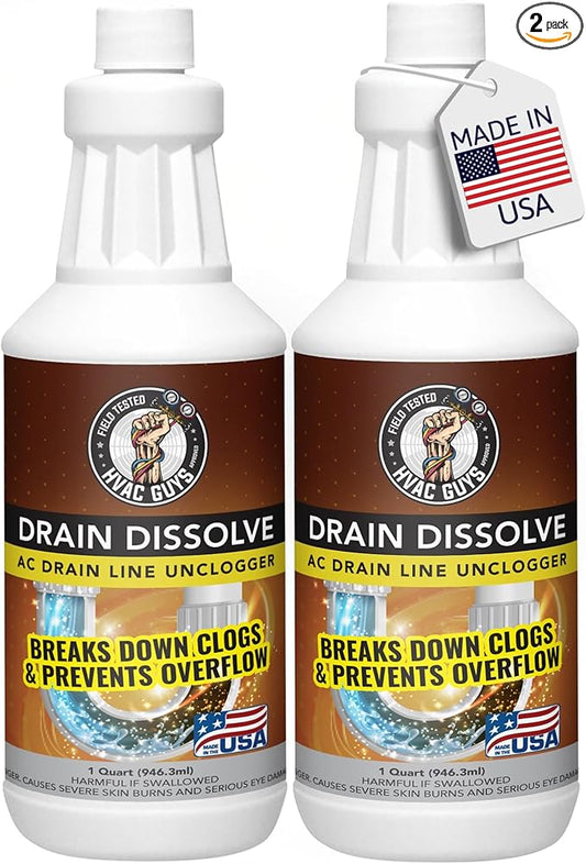 Drain Dissolve 2PK | AC Drain Line Cleaner & Unclogger | Heat Generating Alkaline Formula | Prevents Overflow | Clears Hair, Grease, Gunk - 32oz