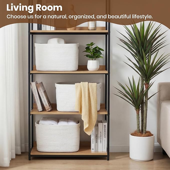 Storage Baskets for Organizing, 14 x 10 x 9” Closet Shelf Woven Baskets, Square Bins with Handles, Cotton Rope Basket for Toys, Clothes, Office, Room, White 1 Pack