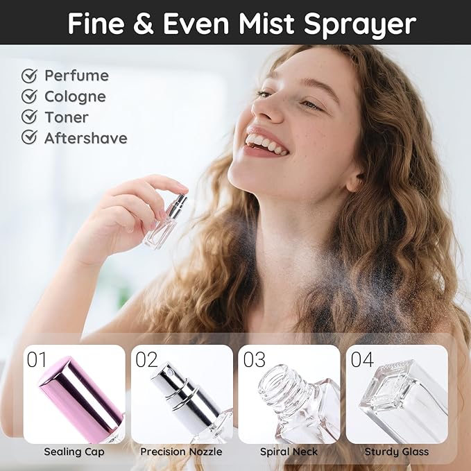 Segbeauty 20pcs 0.17oz Mini Spray Bottles Empty, Glass Perfume Bottles Refillable, 5ml Portable Travel Perfume Atomizer Fine Mist, Bulk Small Travel Cologne Sprayer Refill Bottle with Transfer Tool