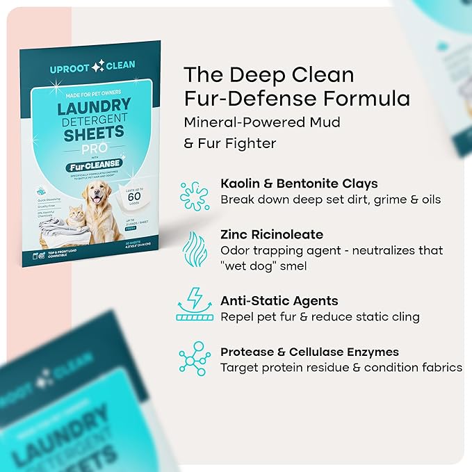 Uproot Clean Laundry Sheets Pro - 90 Pack - Fresh Scent: Mineral-Powered Laundry Detergent Sheets Made in USA - Eliminate Clinging Fur, Pet Odors, & Messy Residue - Up to 180 Loads
