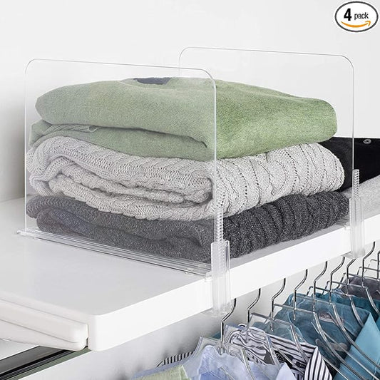 Richards Homewares Acrylic Shelf Dividers - Purse, Sweaters Organizer for Closet - Clear Separators Closet Shelf Organizer - 4 Pack Adjustable up to 2.5” Thick
