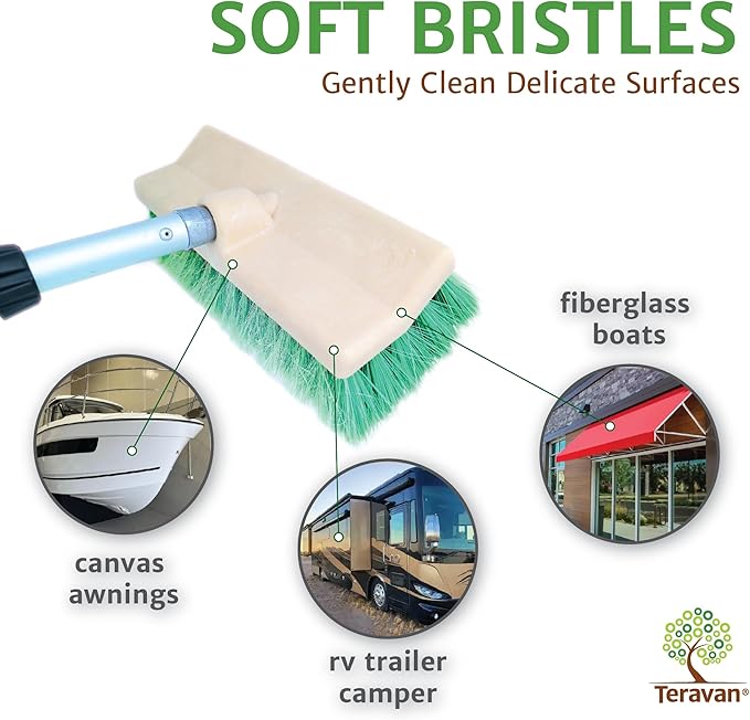 Teravan 10" Flow-Thru Bi-Level Wide Soft Bristle Scrub Brush-Car wash Brush-Suitable for Truck, RV, Van, Window, Deck, Solar Panel, and Patio Cleaning-Green