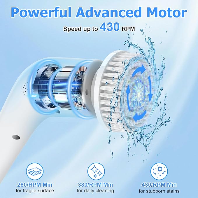 Electric Spin Scrubber, Cordless 3 Speeds Cleaning Brush 430 RPM, Adjustable/Detachable Long Handle, Shower Scrubber for Bathroom, Car, Floor, Shower Cleaning Brush with 9 Replaceable Brushes (White)