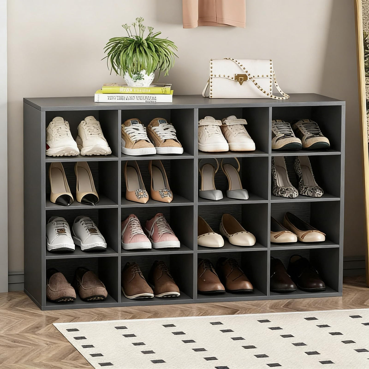 Shoe Storage Bench, Cubby Shoe Rack with 16 Cubbies - Image 1