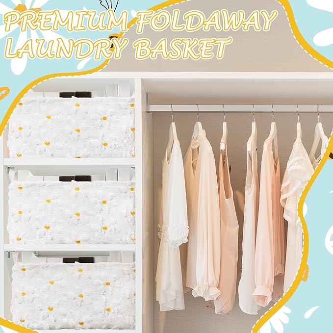 Kathfly Daisy Storage Baskets Plush Faux Fur Jacquard Design Laundry Basket with Handles Waterproof Flower Storage Bins Fabric Shelf Baskets for Organizing Closet Clothes