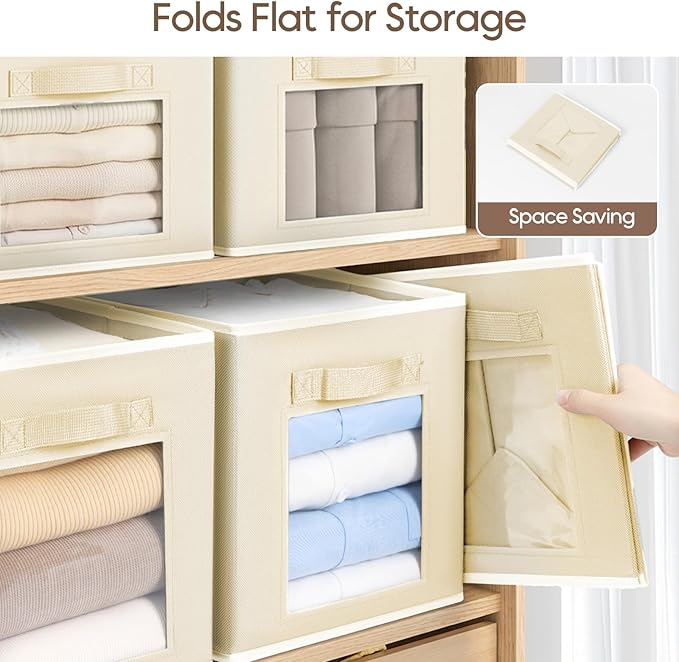 Storage Baskets for Organizing - 6 Pack Cube Storge Bins, Foldable Storage Bins with Handle, Closet Organizers and Storage Baskets for Toys, Clothes, Beige