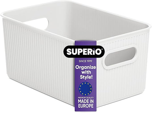 Superio Ribbed Collection - Decorative Plastic Basket Open Home Storage Bins Organizer, Medium White (1 Pack) Container Boxes for Organizing Closet Storage Bins for Shelves Drawer Shelf 5 Liter