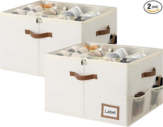 StorageWorks Shoe Organizer for Closet, 2 Pack Shoe Storage Boxes with Clear Lid, Stackable Shoe Storage Organizer for Sandals and Slippers, Fabric Shoe Bins for Closet, Holds 16–32 Pairs, Beige