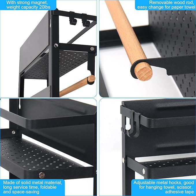 Garage Magnetic Rack Foldable, 2-in-1 Paper Towel Holder with Shelf, Garage Storage Organization, Heavy Duty Paper Towel Holder with 5 Removable Hooks for Tool Shed, Garage, Workbench, Kitchen